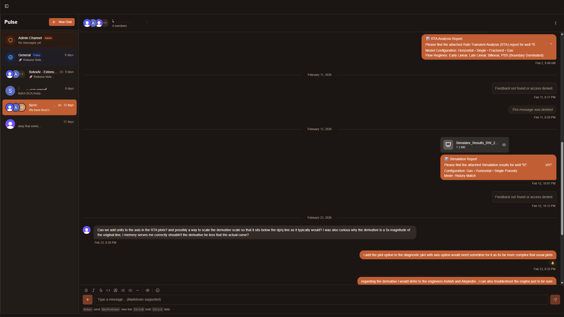 Pulse workspace showing team channels, attached RTA analysis report with model configuration, and simulation results shared in conversation